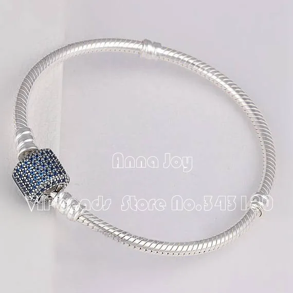 2016 Fall Release S925 Silver Signature Clasp with Royal-Blue Crystal Snake Chain Classic Bracelet Fit DIY European Charm Beads --RC038