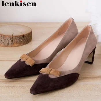 

2019 office lady genuine leather mixed color med heels slip on classic square toe pumps butterfly-knot decoration dress shoe L03
