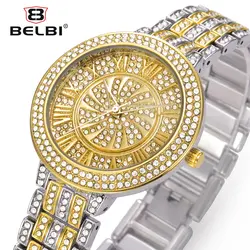 2016 belbi Мода кварцевые Для женщин часы дамы Сталь наручные Часы со стразами Повседневное кварц-часы наручные часы Роман Стиль Relojes