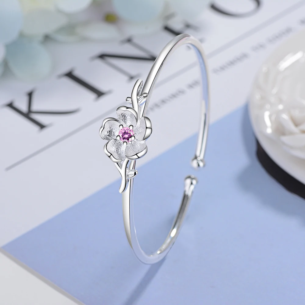 Qevila New Fashion Bangles Adjustable Open Cuff Bracelets Bangles  AAA Zircon Crystal Flower Silver Bangles for Women Jewelry (6)