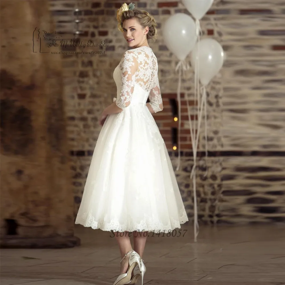Vestido de Noiva Curto винтажное свадебное платье цвета слоновой кости длиной до колен кружевные Свадебные платья с v-образным вырезом короткие свадебные платья 3/4 рукав бант