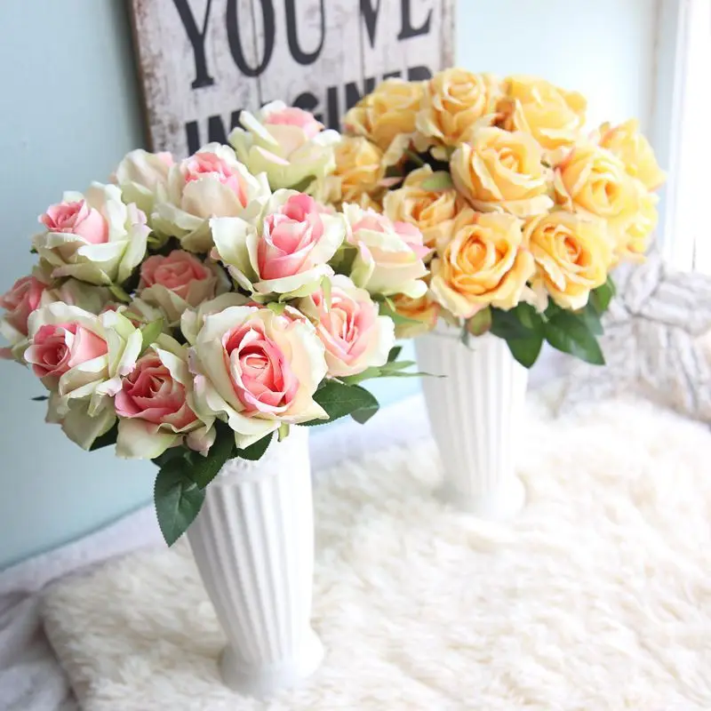 7 Rose Heads Artificial Silk Fake Flowers Leaf Rose Wedding Floral