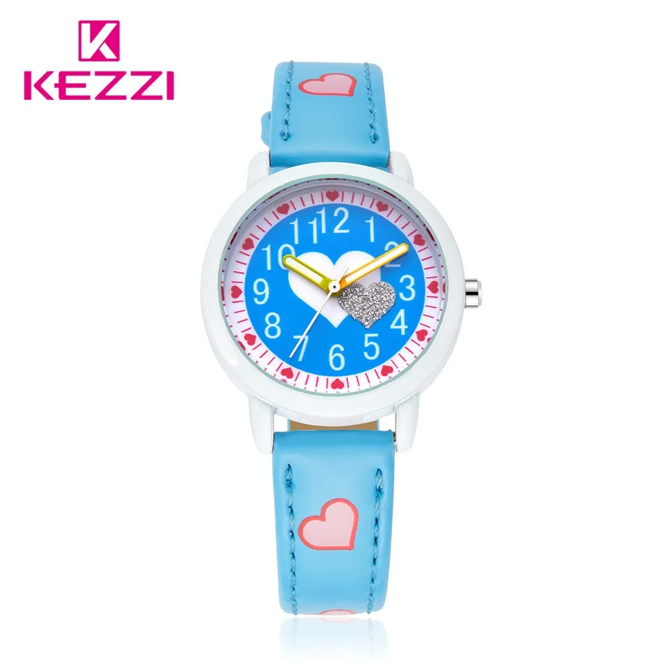 KEZZI Love Hearts детские наручные часы для девочек с кожаным ремешком с принтом Мультяшные детские часы для студентов кварцевые наручные часы Повседневная мода Horloge