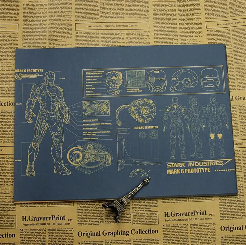 Vintage Super Kahraman Demir Adam Zirh Tasarim Cizimleri Film Afis