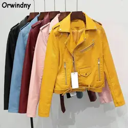 Orwindny Epaulet мотоцикла кожаная Пальто для будущих мам 2018 тонкий моды отложной воротник на молнии короткие кожаные куртки короткие S-XL Костюмы