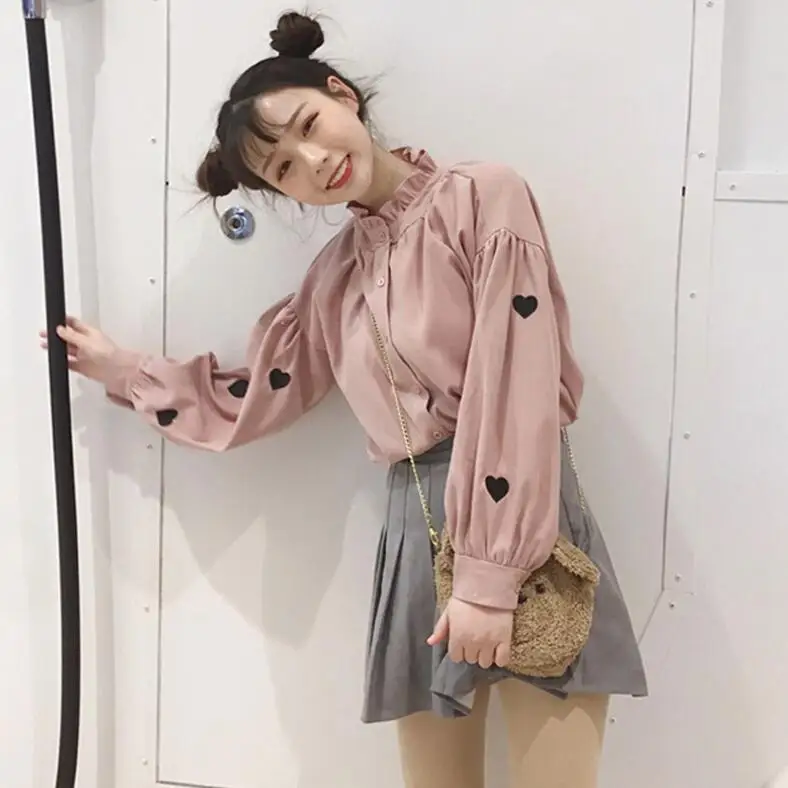 

2018 Korean of the sweet love embroidery long-sleeved shirt women loose wild