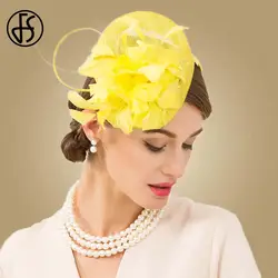 FS Fascinators Женская шляпка шляпа-таблетка для Для женщин церкви желтый 100% льняные федоры с перьями вечернее свадебное платье Дерби Hat