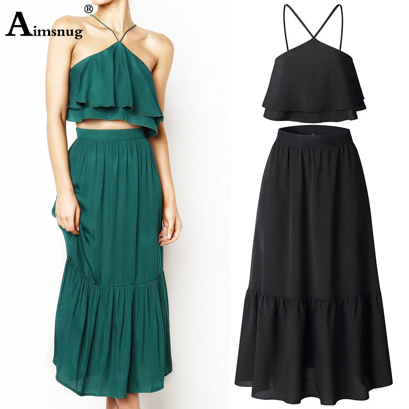 

Black Halter Crop Ruffles Top Maxi Skirt Set Women Long Sleeve Sexy Solid Two Pieces Sets 2019 Summer Plain Twopiece
