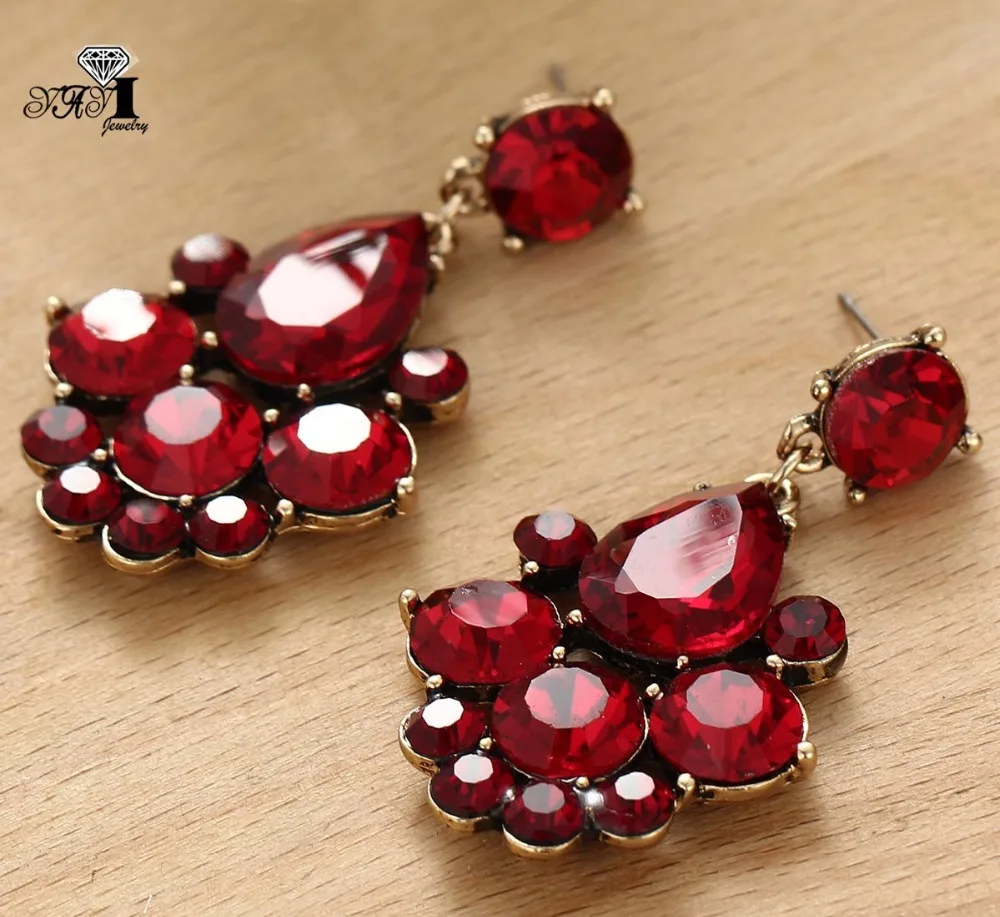 YaYi Jewelry New Red Glass Gray Rhinestone Dangle Crystal Earring Women's Fashion Ancient Gold Color Gem Earrings 1164