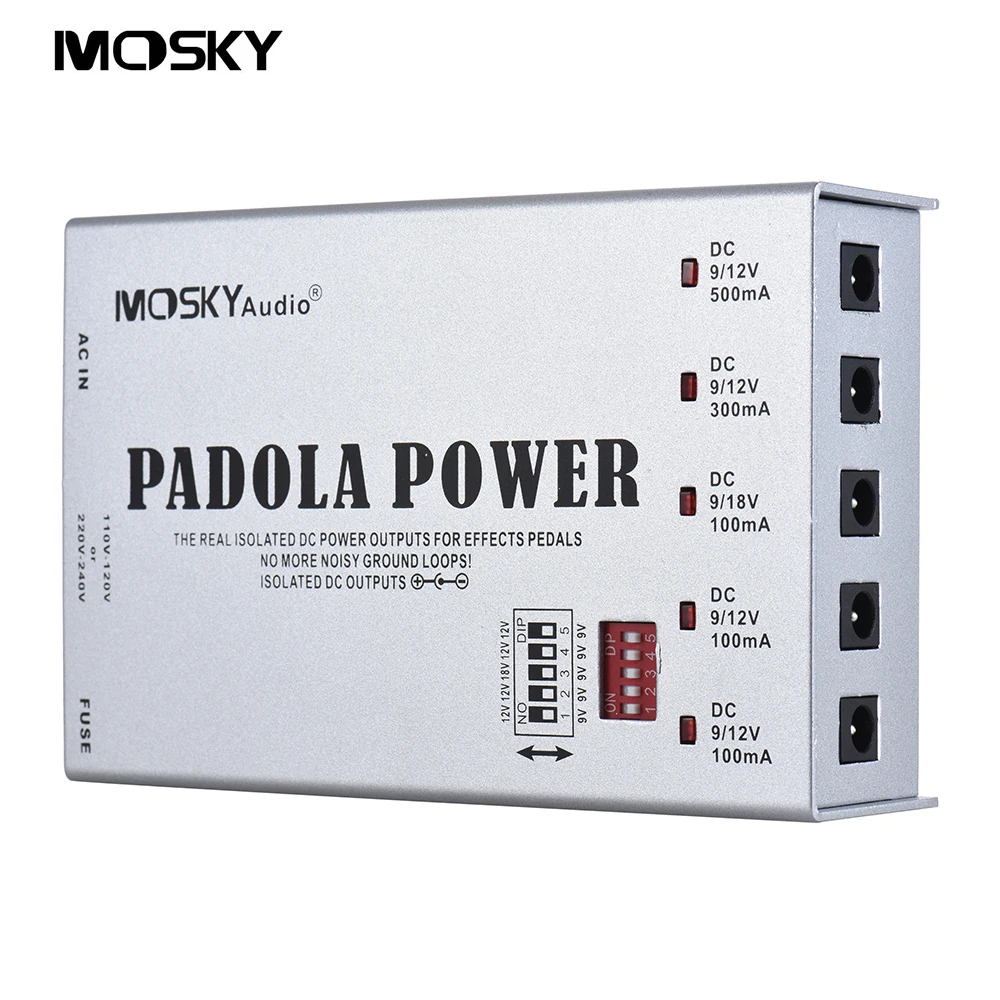 

Compact Size Mosky PADOLA POWER 5 Isolated Outputs Guitar Effect Power Supply Station for DC 9V 12V 18V Effects Full Metal Shell