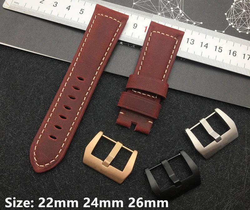 

Handmade red retro crazy horse Genuine Leather Watchband Watch band 22mm 24mm 26mm For Panerai strap Bracelet pin buckle tools