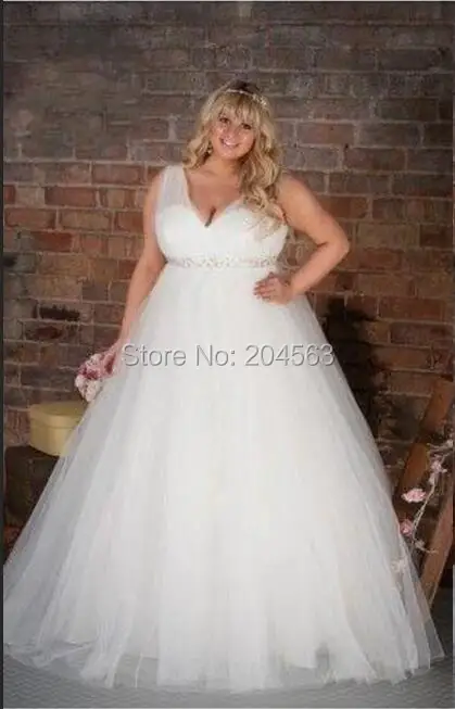 

Plus size Vestidos de Novia Wedding Dresses with Sparking Sash Tiered Skirts A Line V neck Custom Made Tulle Vintage