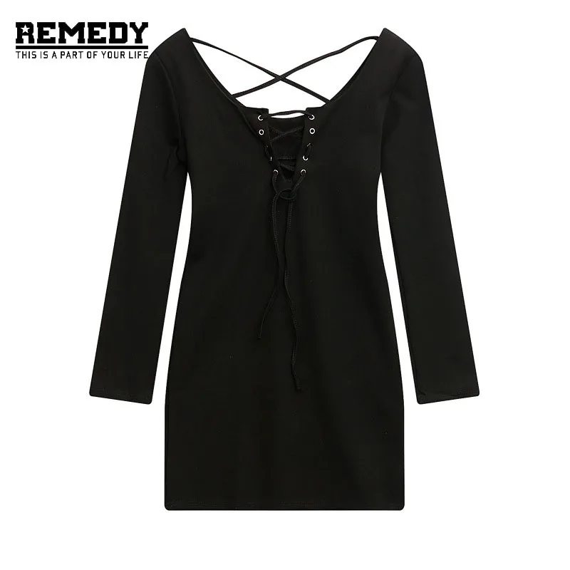 Black Open Back Ribbed Bodycon Dress 2017 Spring Long Sleeve Mini Dress Women Shift Short Dress Cross Sexy Club Party Dresses