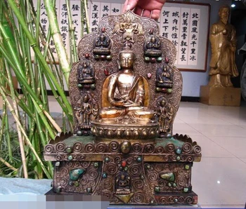 

shitou 001754 13"Tibet Buddhism Bronze Copper inlay Silver turquoise Sakyamuni Buddha Statue