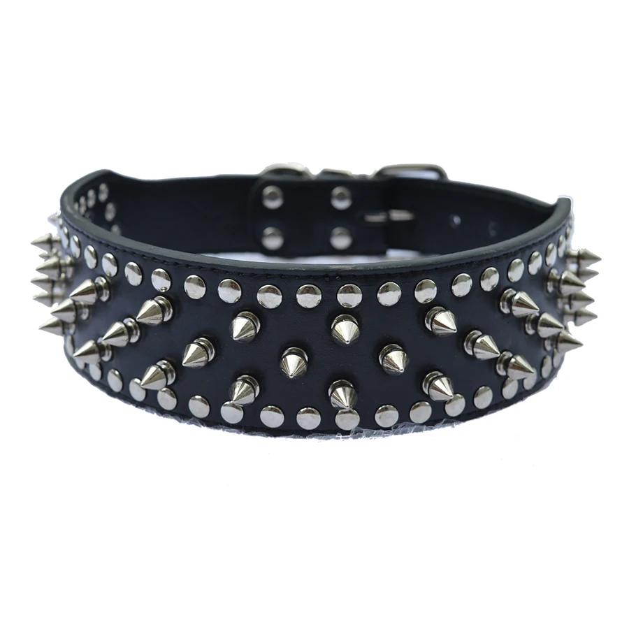 Fashion 2inch Wide Sharp Spiked Studded Leather Dog Collars For Medium