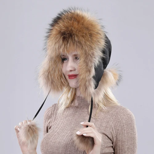 Лидер продаж Для женщин с натуральным лисьим мехом российские шапки-ушанки Зимние толстые теплые уши Мода бомбардировщик шляпа леди из натуральной шапка из меха лисы - Цвет: Raccoon fur