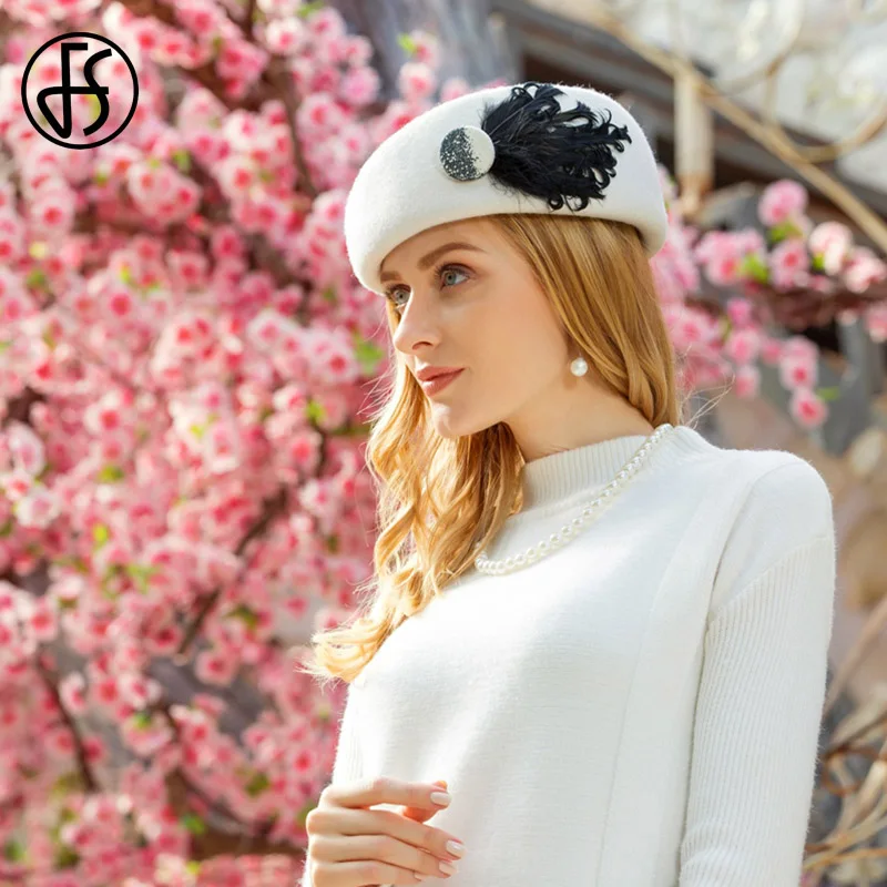FS British White Wool Beret Hats For Women Black Winter Felt Caps