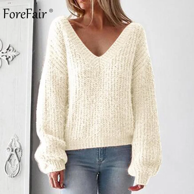 Forefair V Neck Knitted Sweater Women Yellow White Oversized Backless Long Sleeve Sexy Sweater Winter 2018 Knitwear