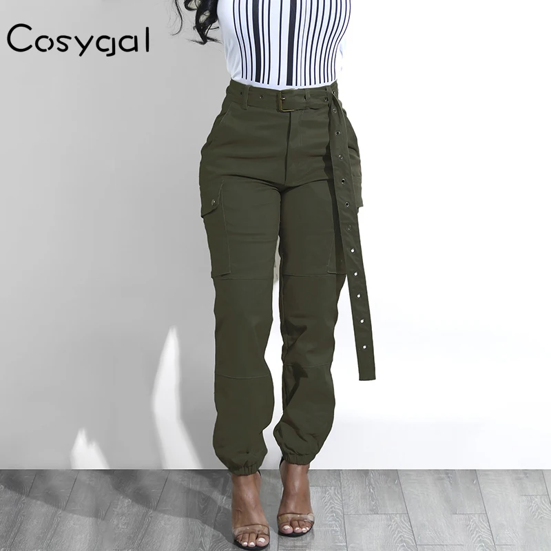 

COSYGAL 2018 Spring Beautiful Army Green Harem Pants Elegant Belt High Waist Women Pants Vintage Leggings Pockets Sweatpants