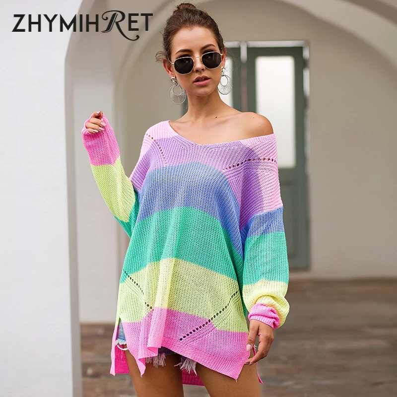 

ZHYMIHRET V Neck Striped Rainbow Sweater Women Side Split Long Sleeve Multi Color Patchwork Pullovers Autumn Winter Pull Femme