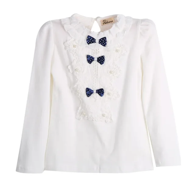 Lovely Kids Baby Girl Bow Tie Blouses Cotton Floral Lace Tops shirt