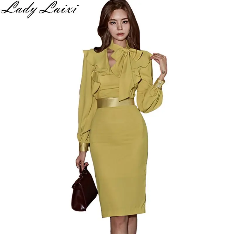 

Womens Elegant Casual Work Long Lantern Sleeve Bow Neck ruffles Bodycon Knee-Length Women Office sheath Pencil Dress Vestido