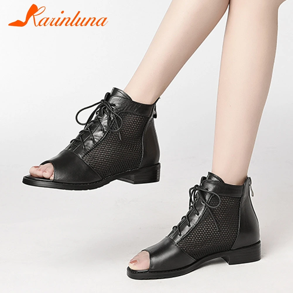 

KARINLUNA Brand New Big Szie 34-41 Ladies Genuine Leather Peep Toe Hollow Zip Shoes Woman Casual Office Summer Sandals 2019