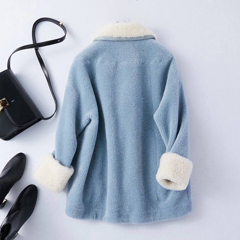 Korean style Winter 100% Real Fur wool Coat women Short blue yellow Whole Wool Skin Fur Adjustable Waist Belt Jacket