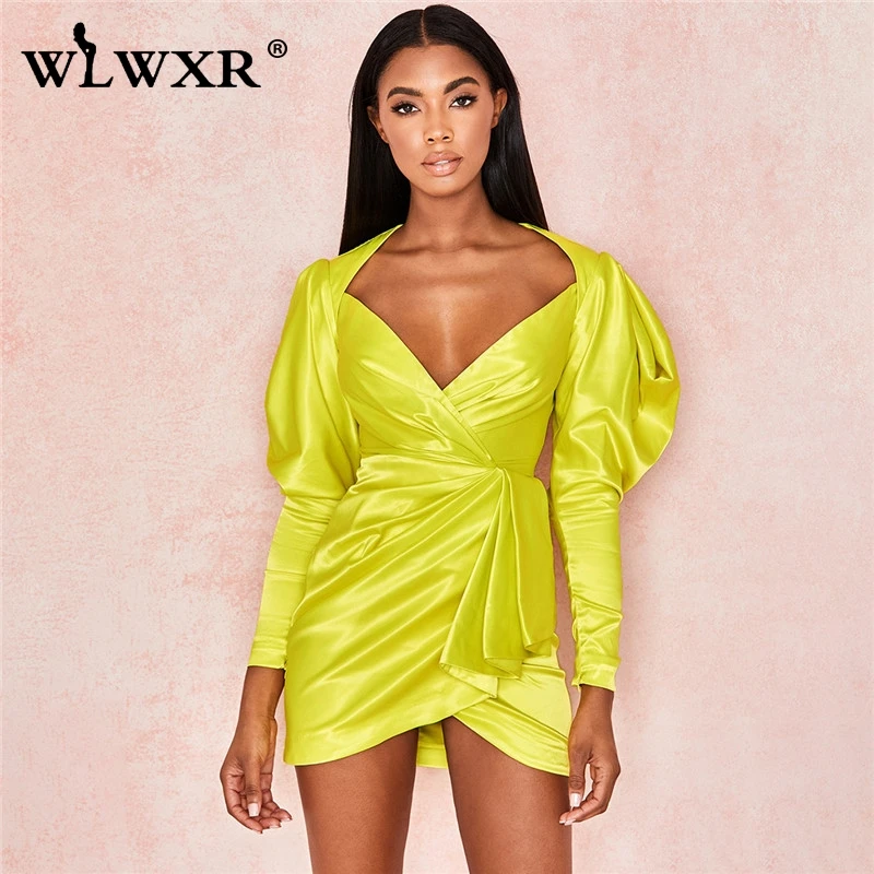 

WLWXR Irregular Sexy Pleated Satin Dress Women Deep V Neck Ruched Mini Summer Bodycon Dress Holiday Wrap Short Club Party Dress