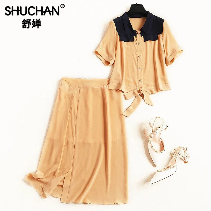 

Shuchan Retro 2 Piece Outfits for Women Korean Style Women Office Lady Single Breasted Top+skirts To Mid-Calf Women Suit 11733