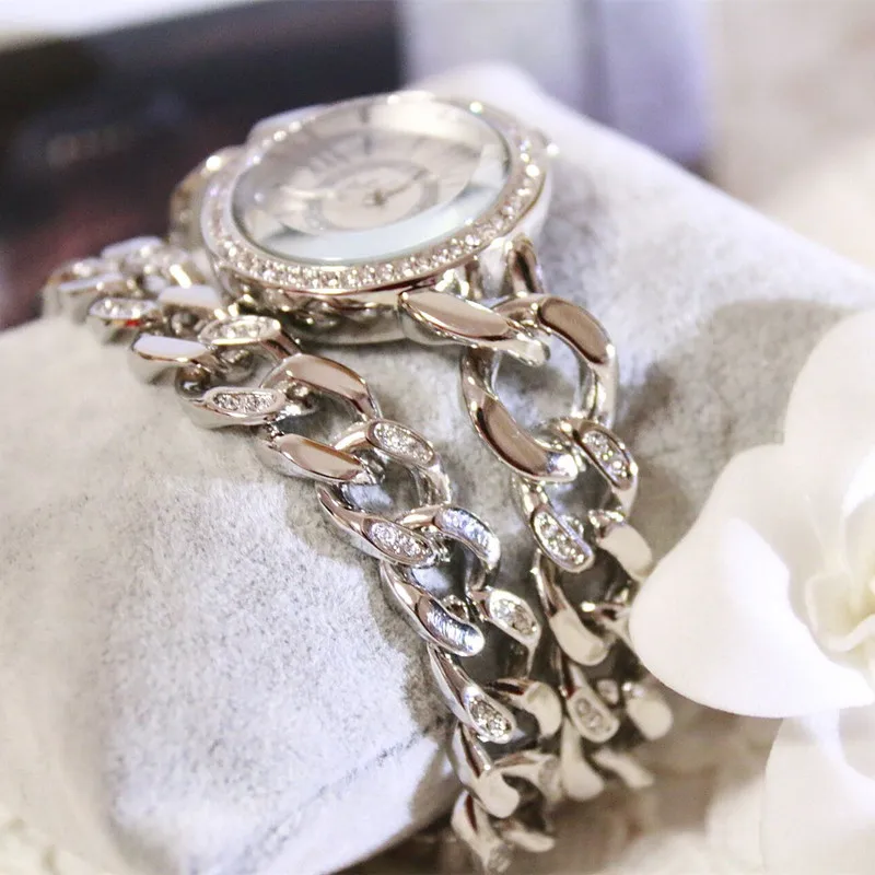 

New Hot Sale High-end Link List Custom Roman Digital Rhinestone Double-chain Strap Ladies Watch Fashion & Casual Chronograph