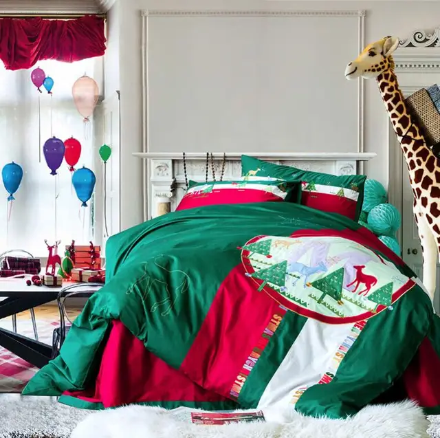 100 Cotton Green Red christmas pattern 4pcs bedding sets Duvet cover