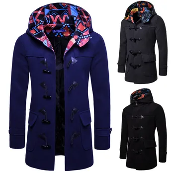 

Men Jacket Coats Fashion Horns Buckle Trench Contrast Color Slim Fit Black Navy Grey Overcoat Trench Long Outwear XXXL