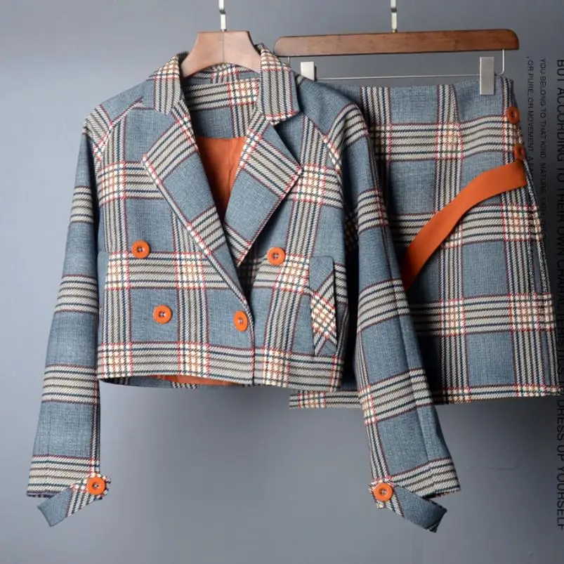 

Plus size 2XL Spring Two Piece Plaid Short Jackets Double Breasted Suit Set Women Set Mini Skirt