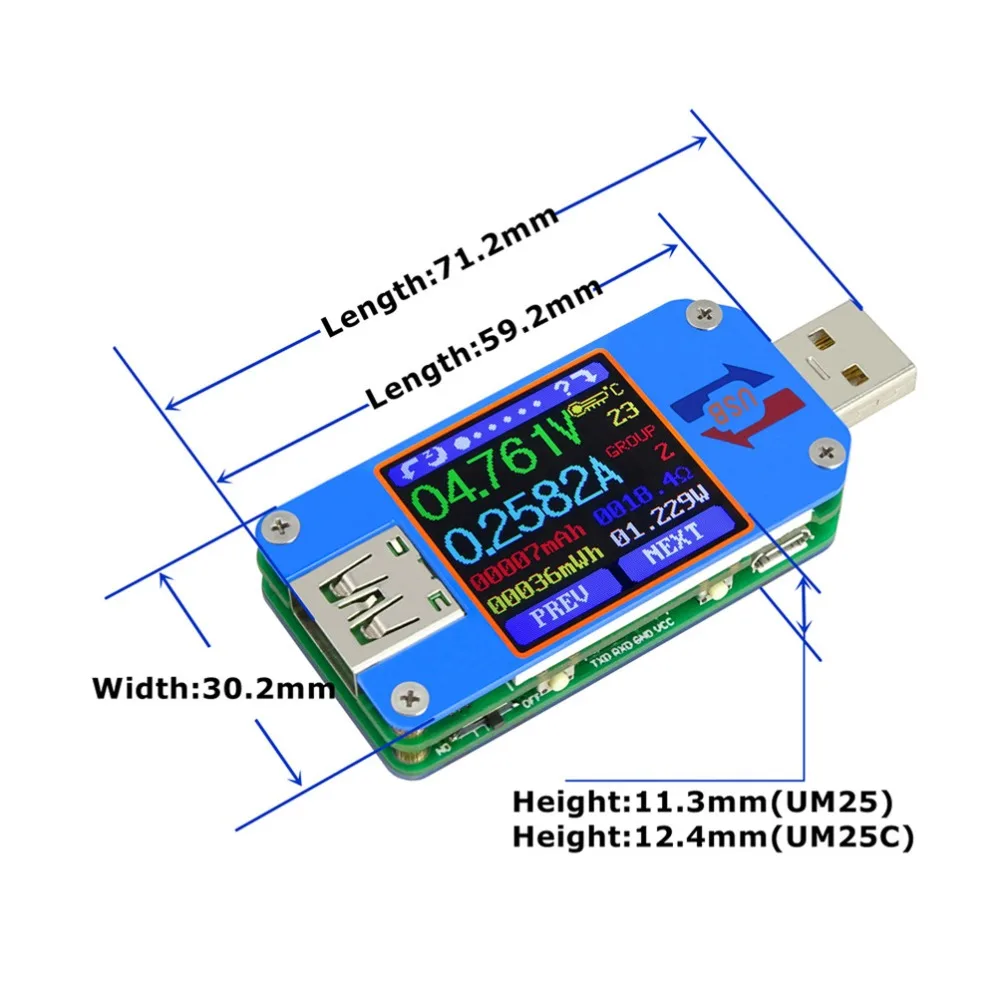 RD UM25C/UM25 USB 2,0 type-C цветной ЖК-тестер измеритель напряжения тока Вольтметр Амперметр Измерение заряда батареи сопротивление кабеля