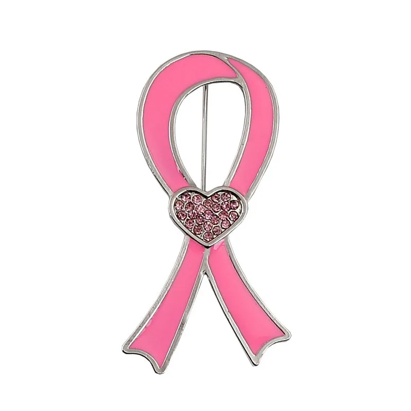 

PBR017(10),Alloy Enamel Pink Ribbon Brooch Pin Badge With Crystal Heart Breast Cancer Prevention Awareness Campaign Jewelry Gift