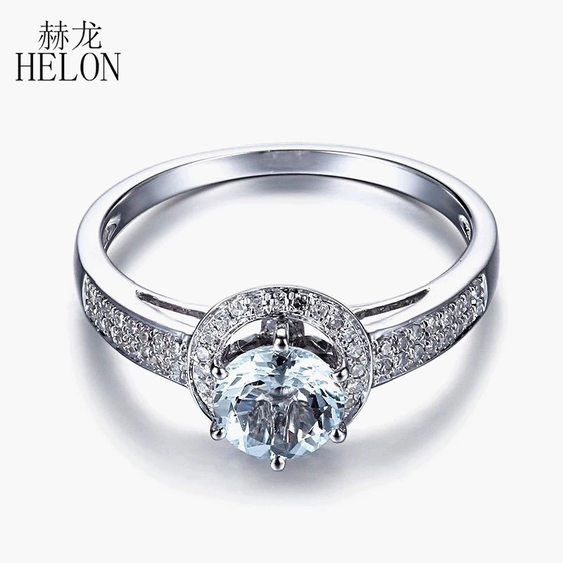 HELON Solid 10 К Белое золото 6 мм круглой огранки Натуральный аквамарин натуральный Dinamonds кольцо бриллианты обручение Свадебные Halo Кольцо