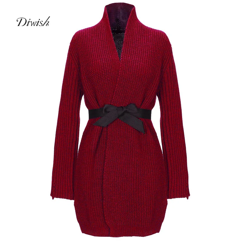 

Diwish Fashion Long Cardigan Sweater Women Long Sleeve Sashes Slim Kintted Coat 2019 Solid Color Oversized Winter Clothes Women