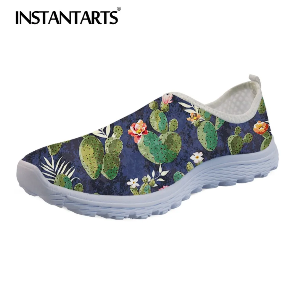 

INSTANTARTS Women Fashion Slip On Spring /Summer Sneakers Teenager Girl Casual Air Mesh Loafers Flowers Cactus Print Flat Shoes