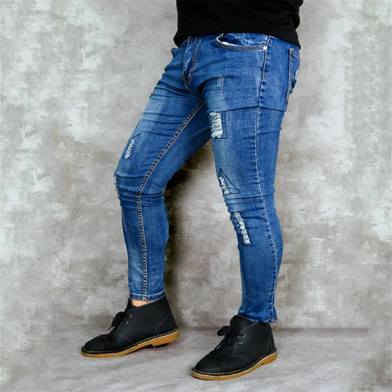 2019 Men s New Jeans Blue Stretch Ankle length Pants Ripped Broken Man Torn Slim Skinny 3
