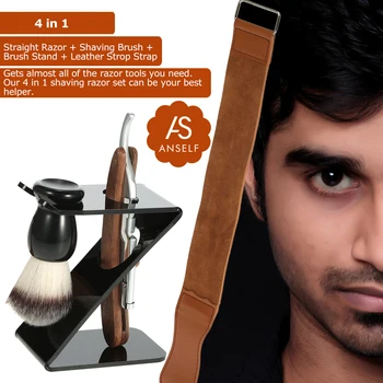 

Anself 4 in 1 Straight Razor Shaving Brush Brush Stand Leather Strop Strap Man's Shaving Brush Set Razor Tools Kit