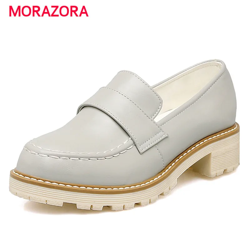 

MORAZORA College wind women shoes med heel platform big size 34-43 solid soft leather shoes four seasons top quality