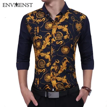 

New 2017 Spring Autumn Sales Mens Floral Long Sleeve Shirts Gold Stitching Flower Shirts For Men Casual Blusa Masculina