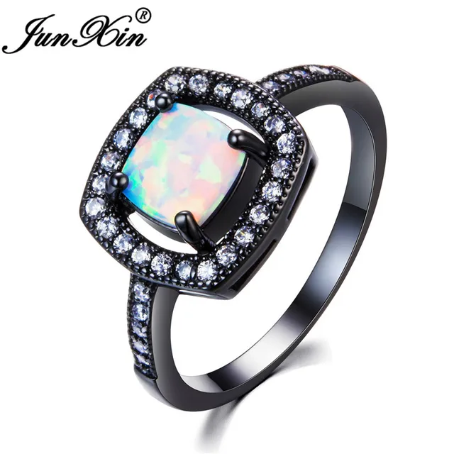 junxin mystic square white fire opal wedding jewelry black gold filled round white birthstone zircon rings - Opal Wedding Ring junxin mystic square white fire opal wedding jewelry black gold filled round white birthstone zircon rings - Opal Wedding Ring