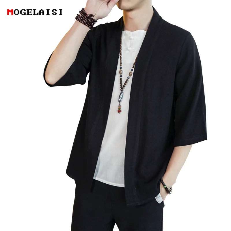 

New 2019 summer linen cotton shirt men brand Chinese style three quarter sleeve retro men black shirt plus size 5XL A032/1805