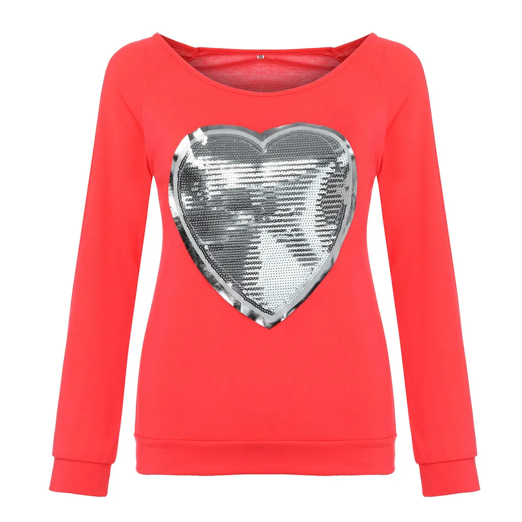 Женская модная футболка Сердце с блестками О-образный вырез Футболка с длинным рукавом Harajuku женские топы уличная женская одежда