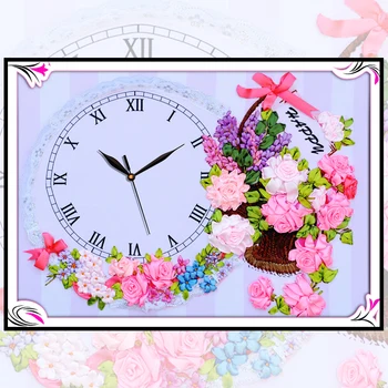 

Ribbon Embroidery diy Canvas Painting, Clock Pastoral Flower Baskets , Needlework Crafts Cross Stitch Kit Wall Decor C-0096