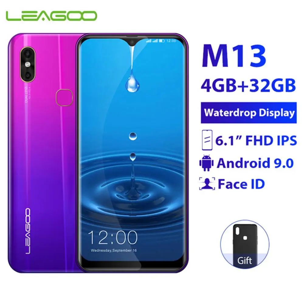 

LEAGOO M13 Mobile Phone Android 9.0 4GB RAM 32GB ROM 6.1" Waterdrop Screen MTK6761 Quad Core Fingerprint Face ID 4G Smartphone