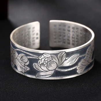 

solid 999 sterling Silver Carved Lotus flower Heart Sutra Vintage bracelet bangle cuff perfect gift Women Jewelry A2347