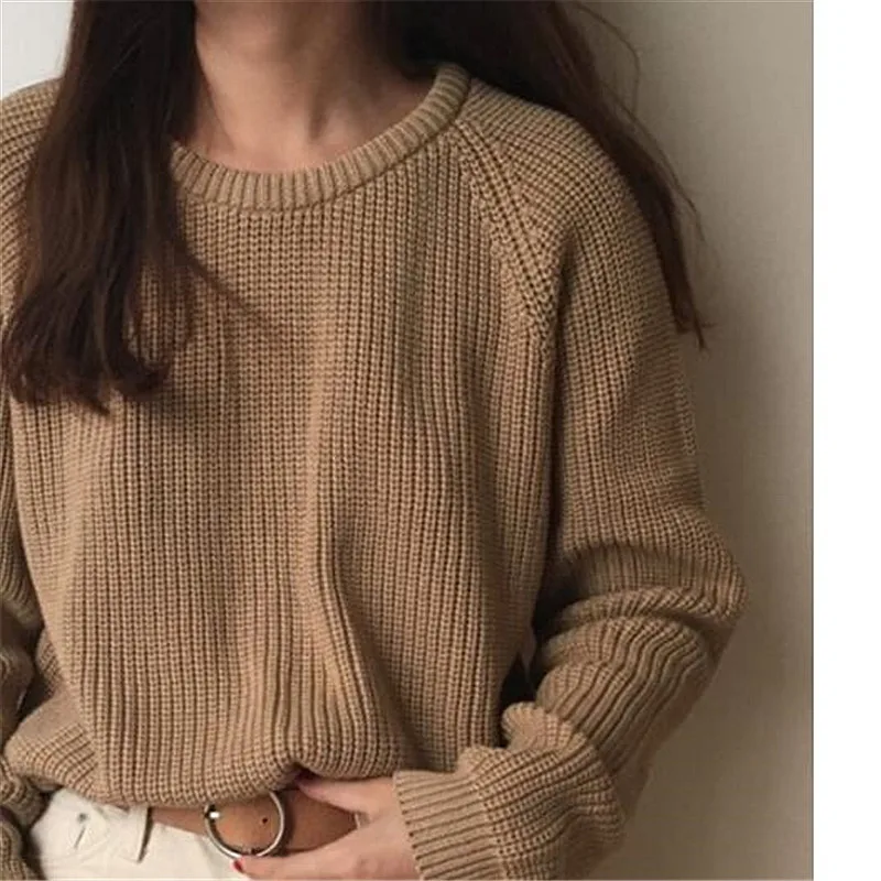 

2019 autumn and winter new round neck loose solid color long-sleeved sweater sweater wild wild slim lazy sweater bottoming shirt